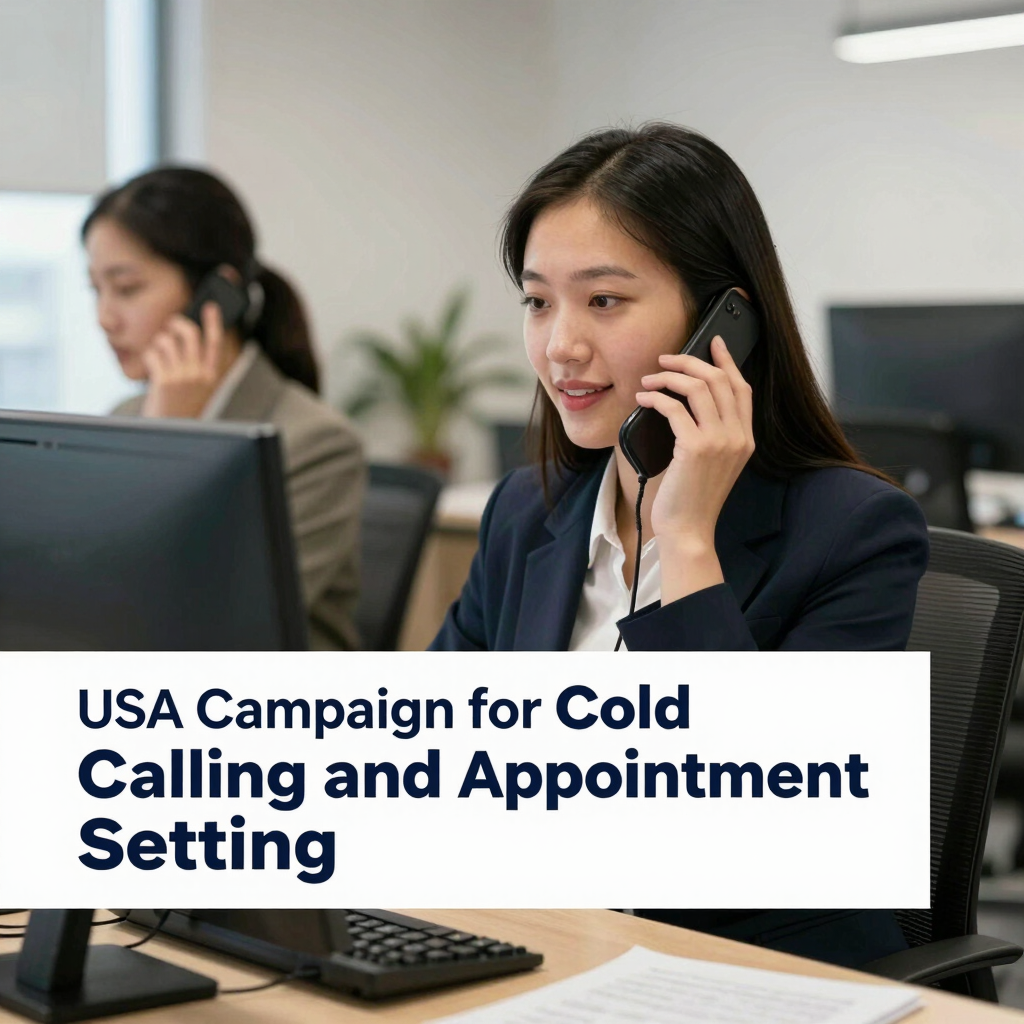Professional woman on a phone call using a laptop for a USA cold calling and appointment setting campaign.