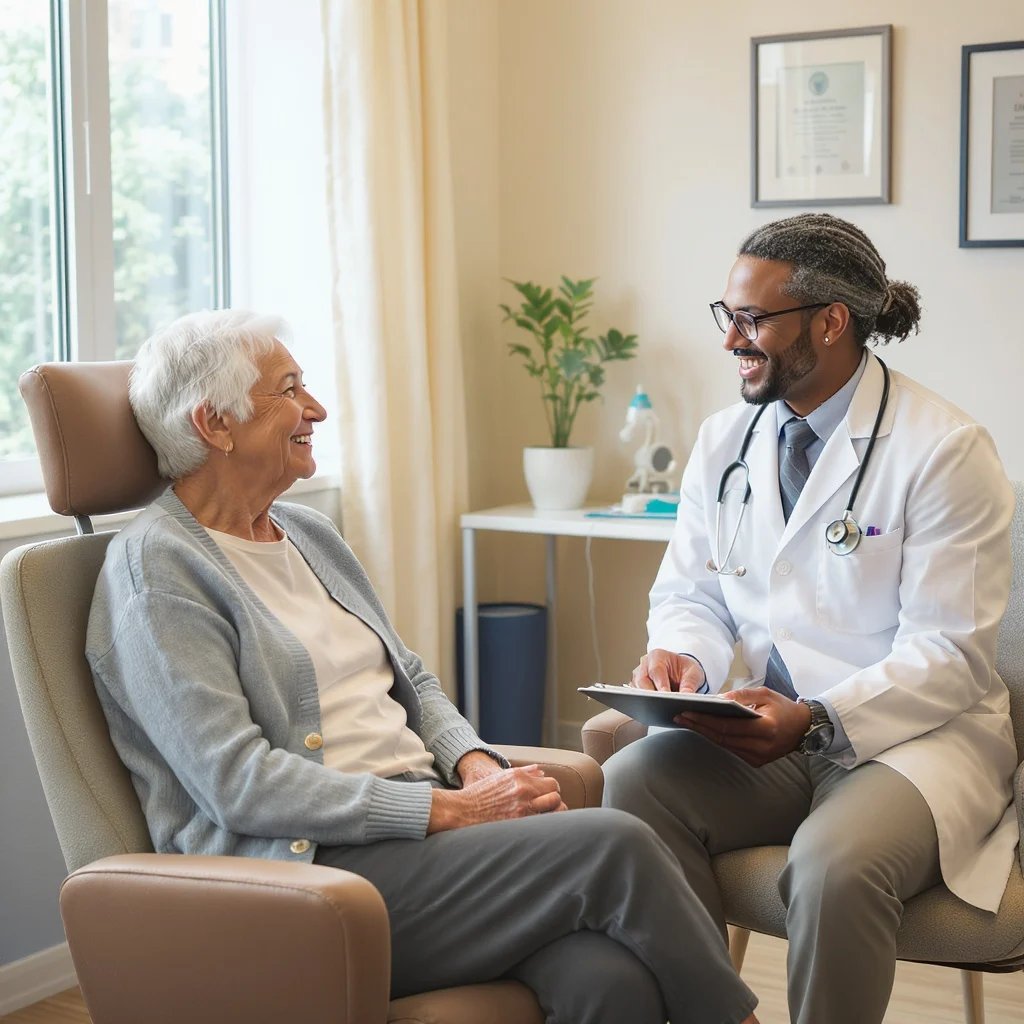 Photo of a senior consulting with a healthcare professional in a friendly, reassuring setting