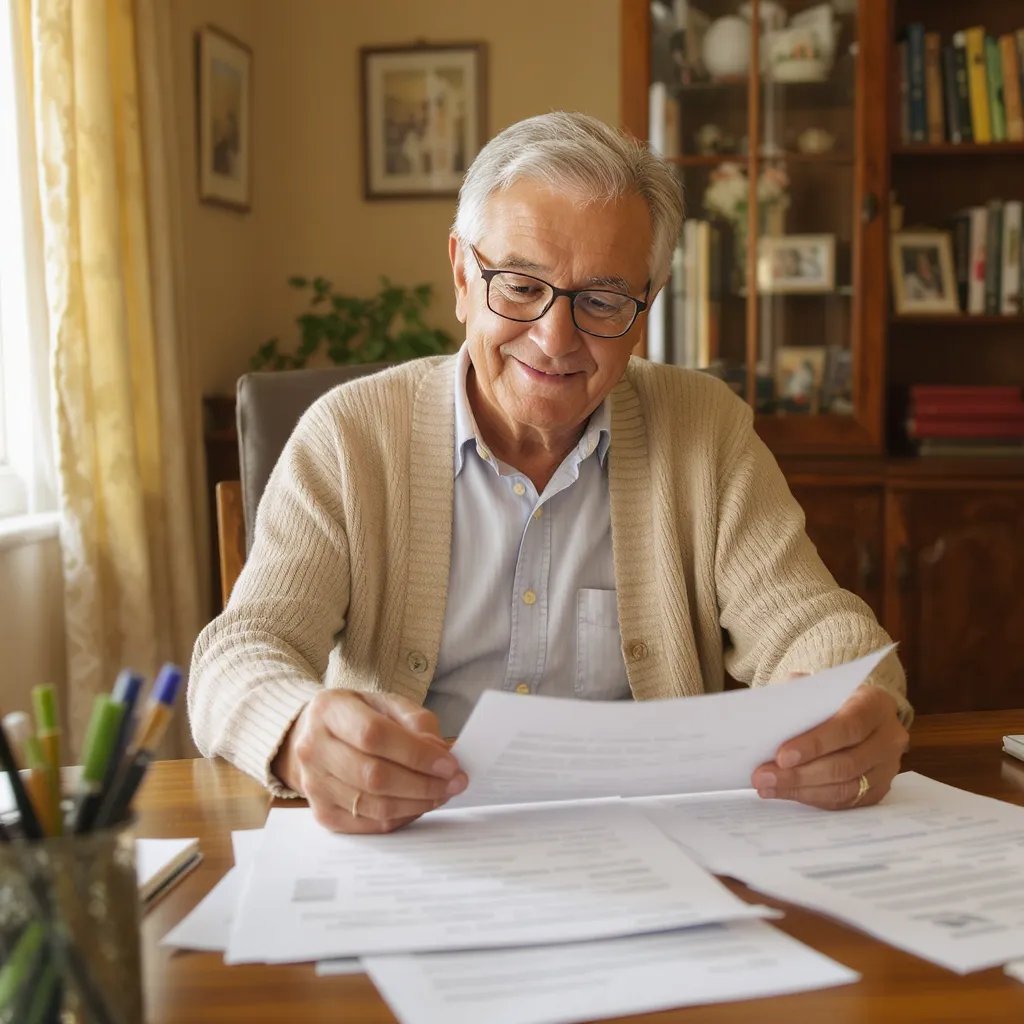 Warm, approachable photo of a senior reviewing documents