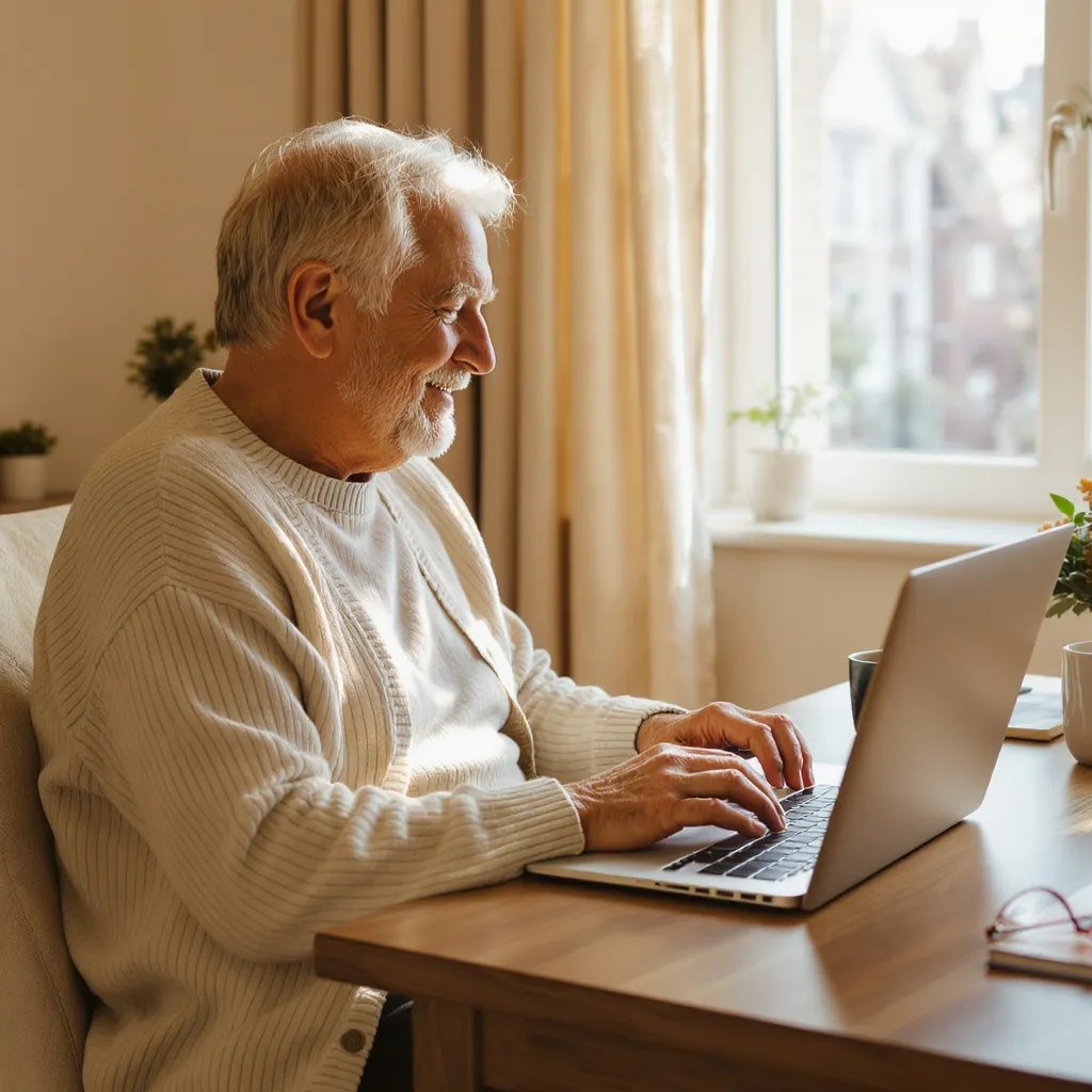 Warm, reassuring photo of a senior using their computer in their bedroom