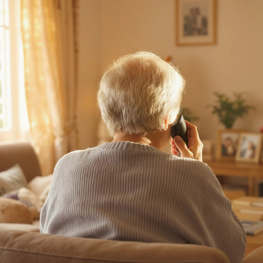 Warm, reassuring photo of a senior talking on the phone with their back turned towards the camera