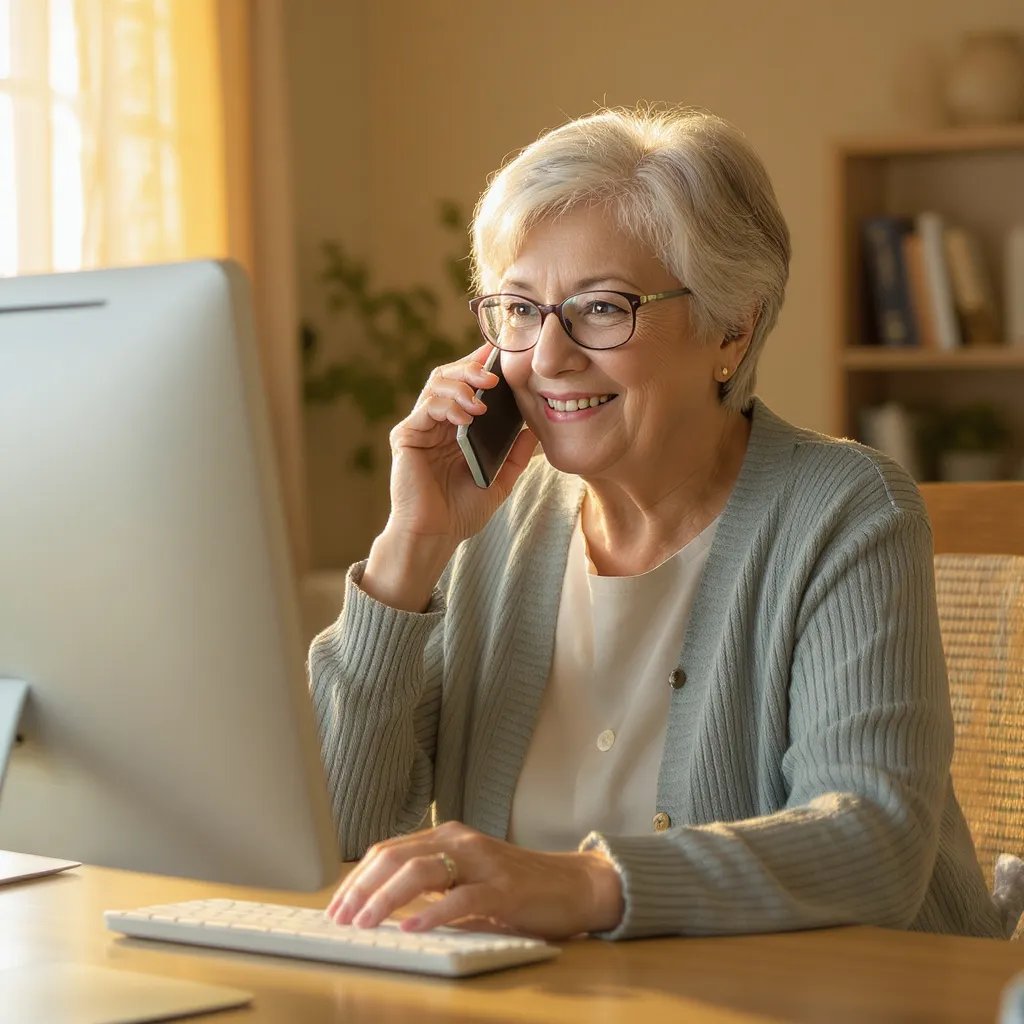 Warm, relaxing photo of a senior woman in her 70s, talking on her phone while sitting in front of a computer