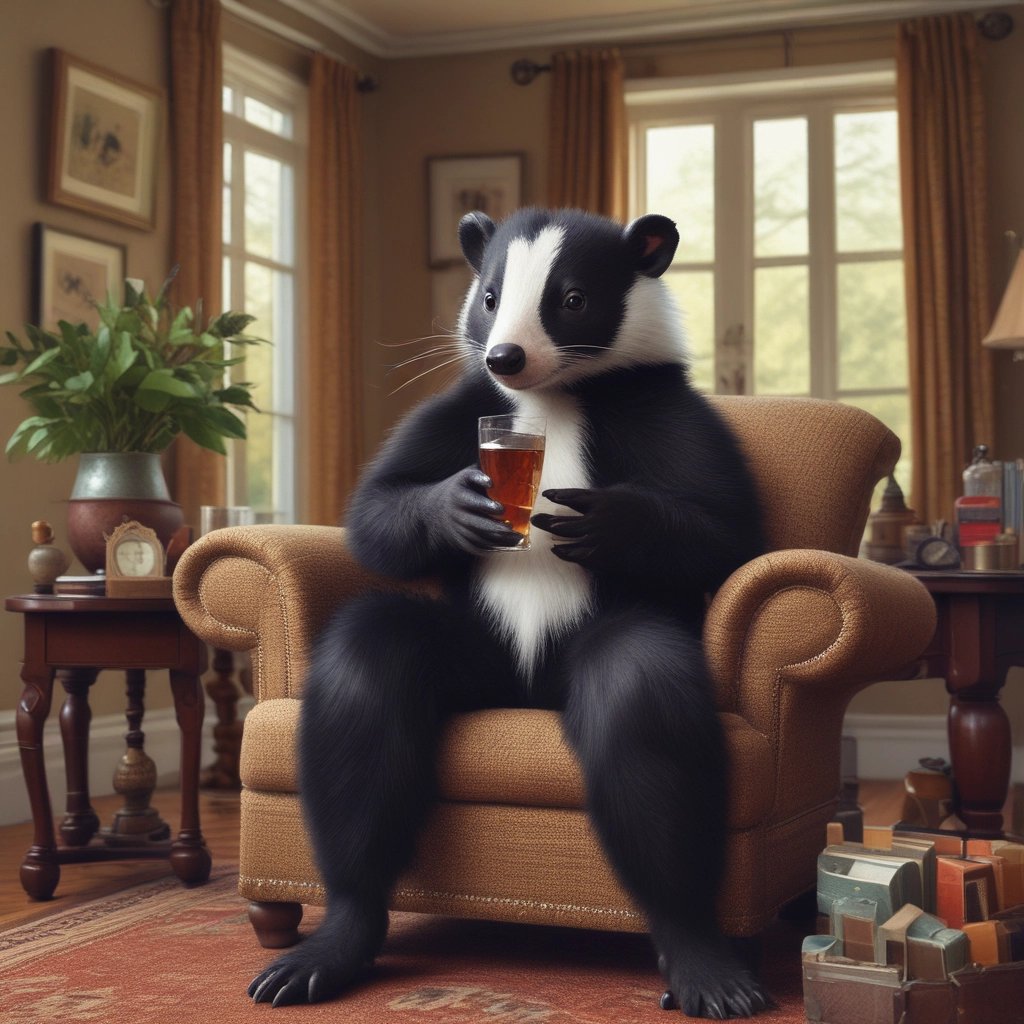 Image of skunk drinking a beer in a recliner