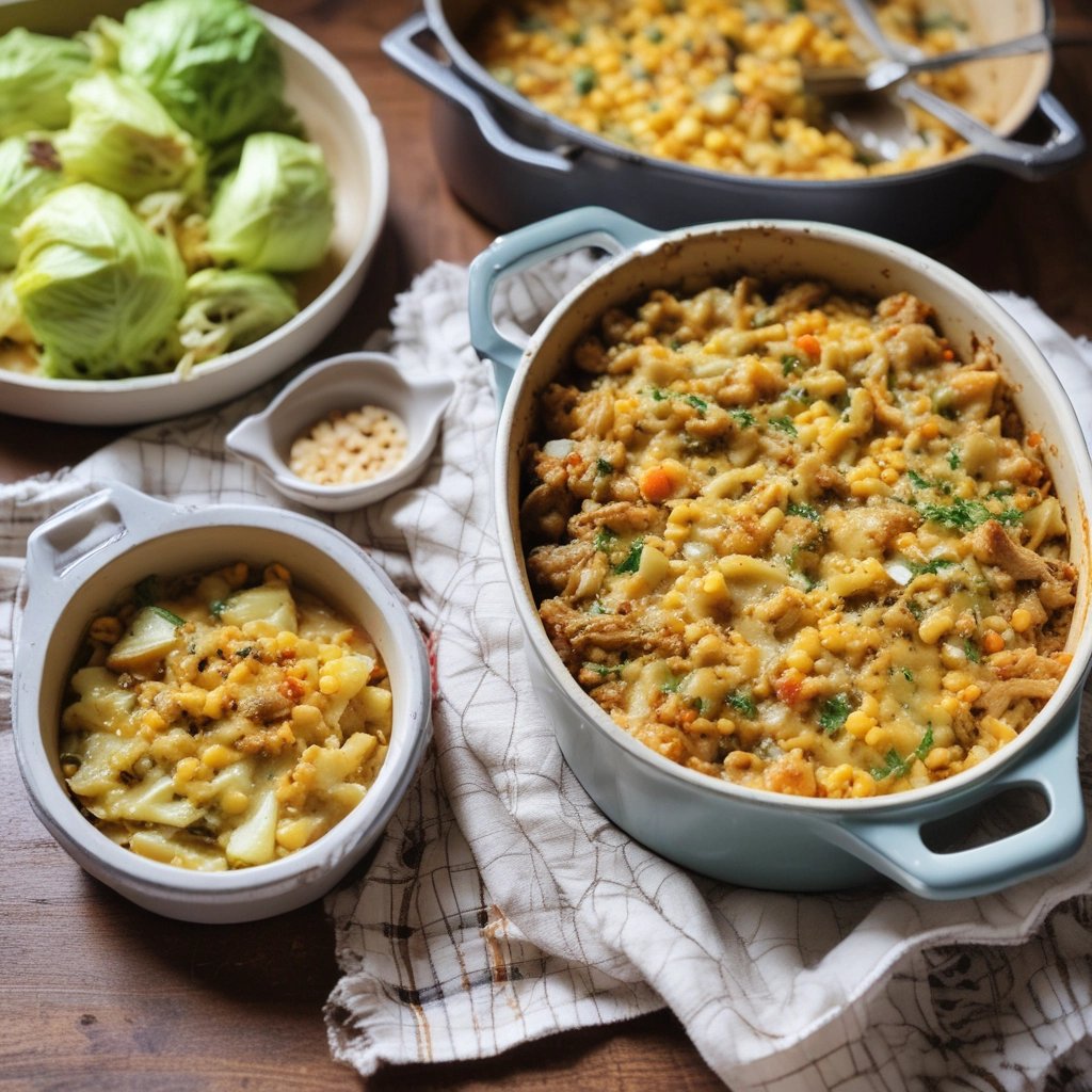 image of a buffet table with casserole dish and plate of cabbage
