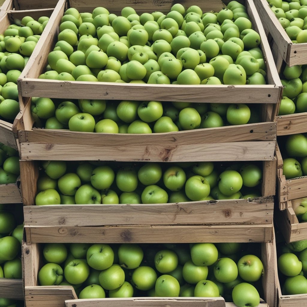 AI generated photo of large crates of green apples