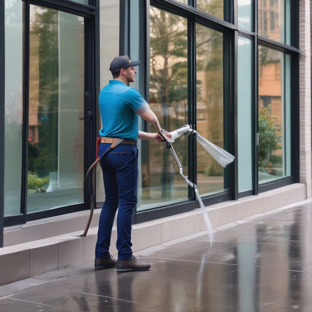 A person wearing a hat and face covering is cleaning the windshield of a red Honda car parked in front of a building with an orange tiled roof and cream-colored doors.