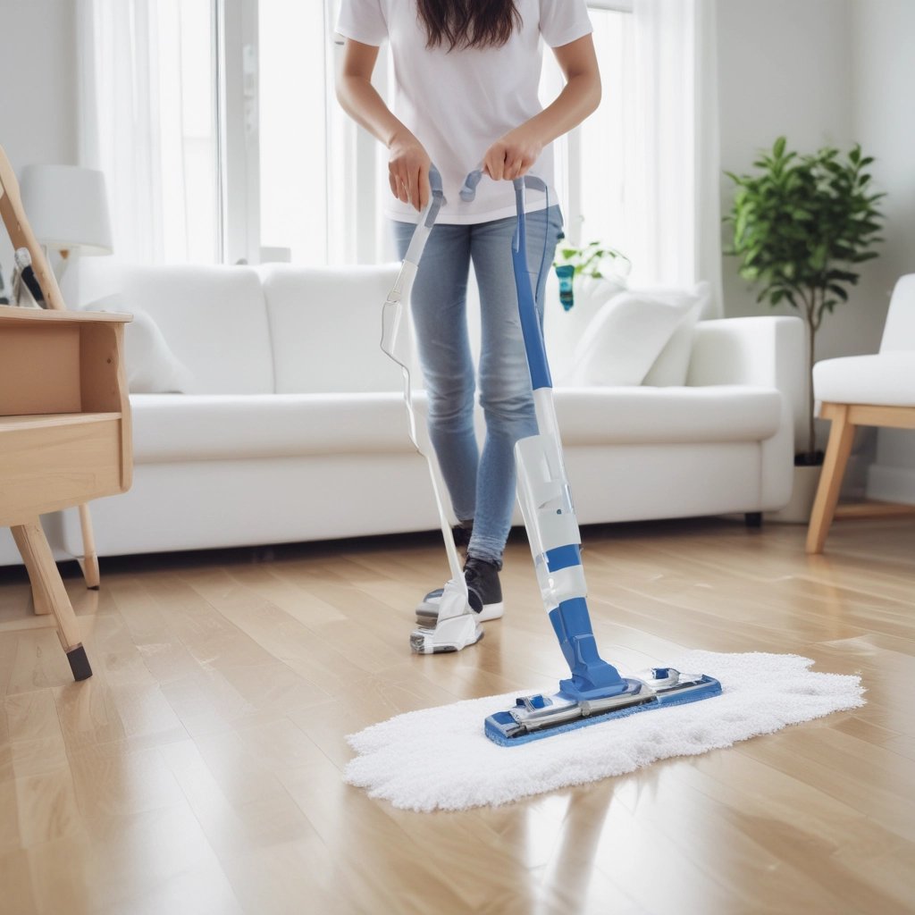 A person wearing protective clothing, a face mask, and gloves is cleaning a white cushioned furniture piece using a vacuum cleaner. The setting appears to be indoors with bright natural light streaming in through large windows. A green potted plant is placed next to a white sofa, adding a touch of nature to the clean and tidy environment.