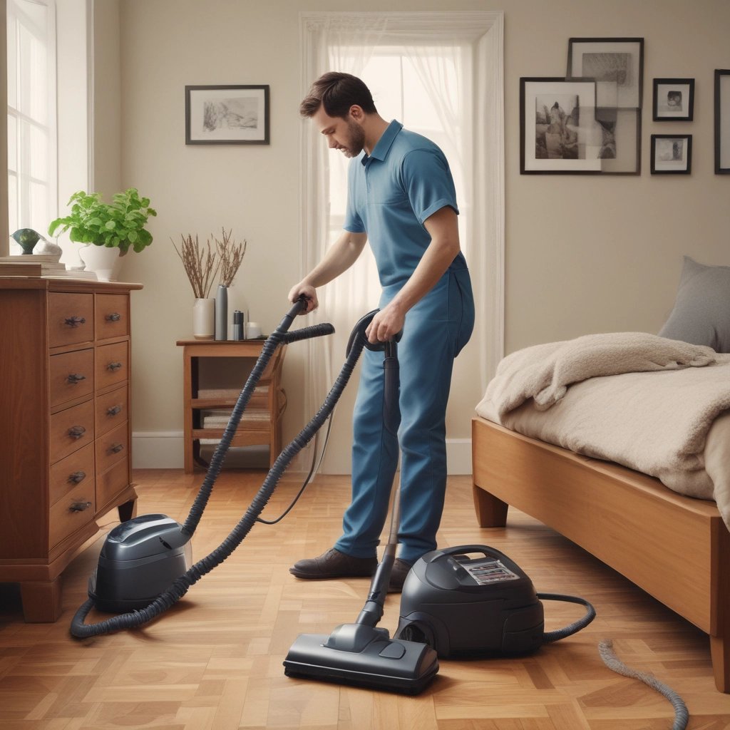 A dry cleaning shop named 'HLP Cleaners' is located on a dimly lit street. The store has a prominent sign above the entrance, and its windows are illuminated with a warm yellow light. A sign on the door lists services such as dry cleaning, laundry, and suede & leather cleaning. The building exterior is simple with a combination of dark tiles and light-colored upper walls. The entrance is flanked by two closed doors, likely of neighboring establishments.