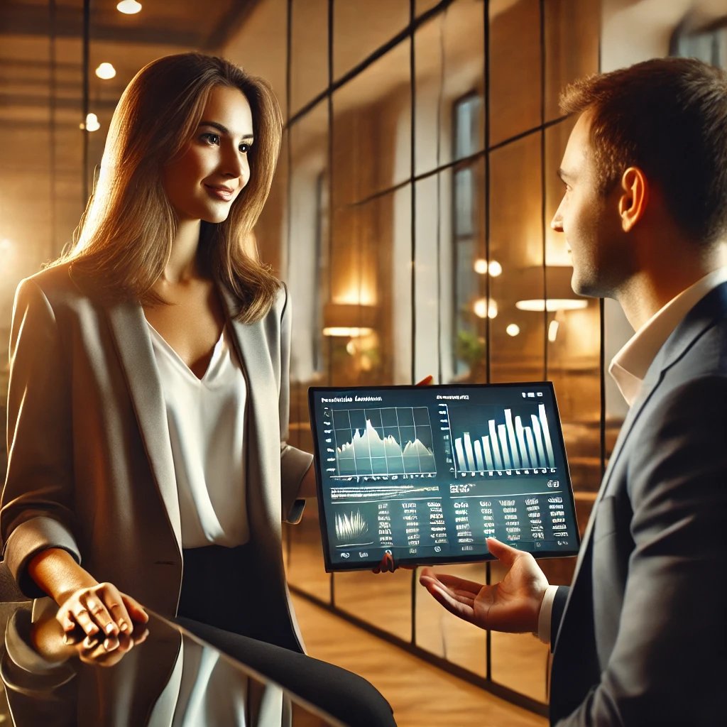 professional financial advisor discussing investment strategies with client in sophisticated setting
