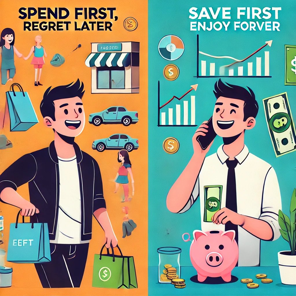 An illustration comparing reckless spending with smart saving & investing for financial security.