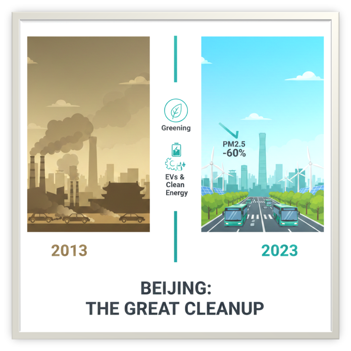 A "before and after" graphic showing Beijing’s transition from smog to blue skies.