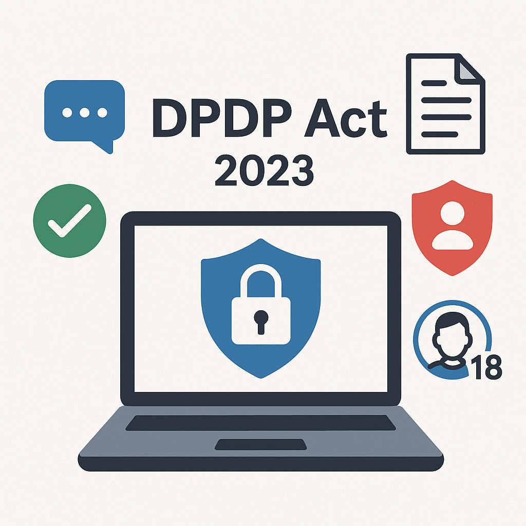 A shielded laptop surrounded by digital icons, symbolizing India's DPDP Act protecting personal data