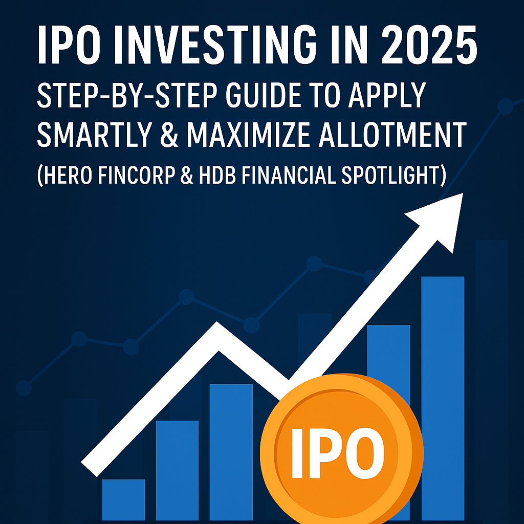 Illustration of Hero and HDFC IPO concepts with investor icons and digital stock charts.