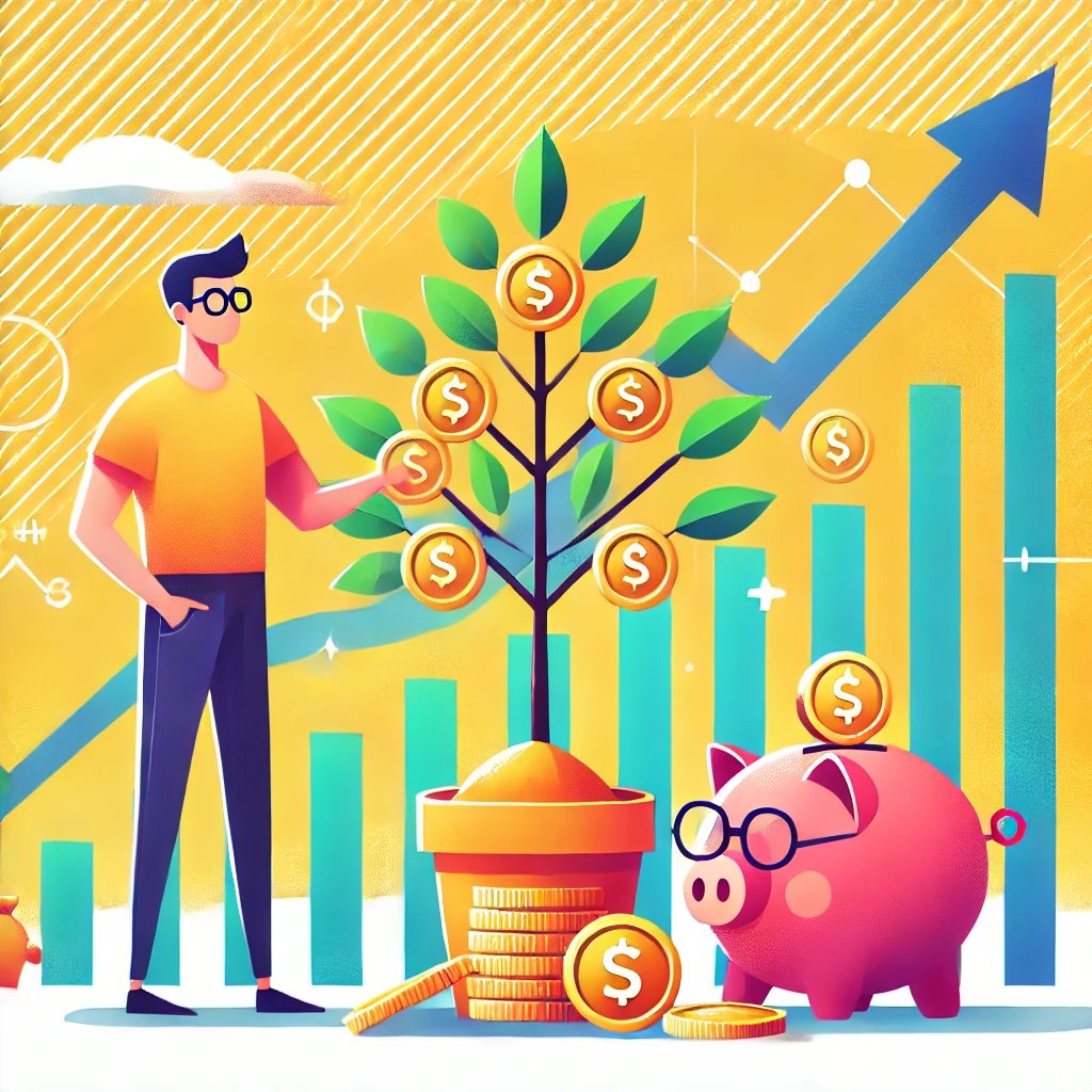 Person planting tree with golden coin leaves, symbolizing investment growth, alongside rising graph.