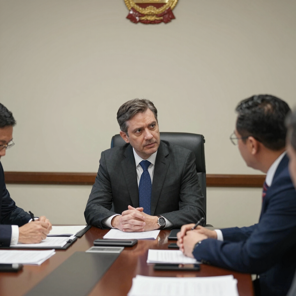 Professional business executive in a grey suit leading a formal boardroom meeting with colleagues.