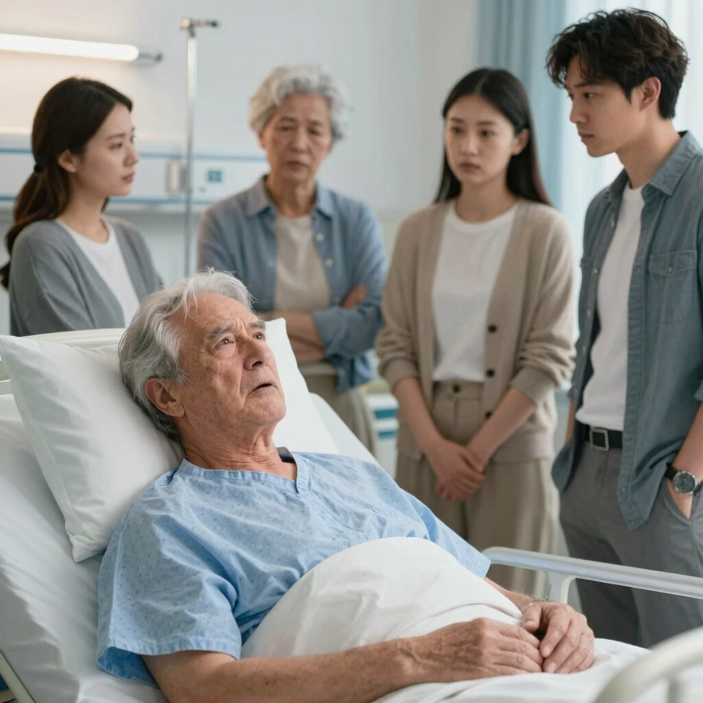 A concerned family gathers around an elderly man lying in a hospital bed for medical care.