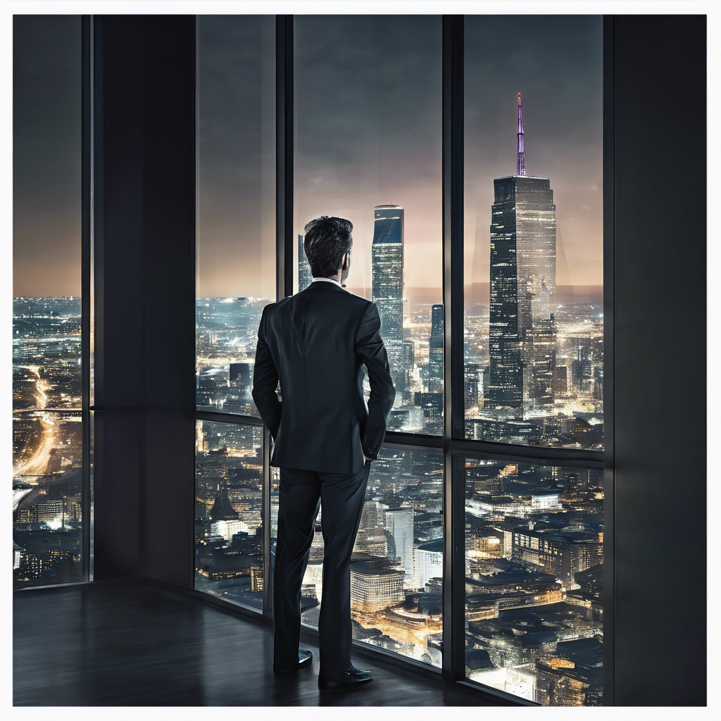  um homem de terno em frente a uma janela com vista para a cidade