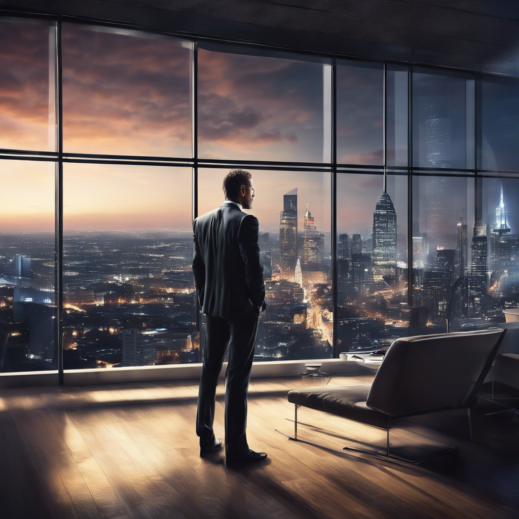 a business man in a suit standing in front of a large window