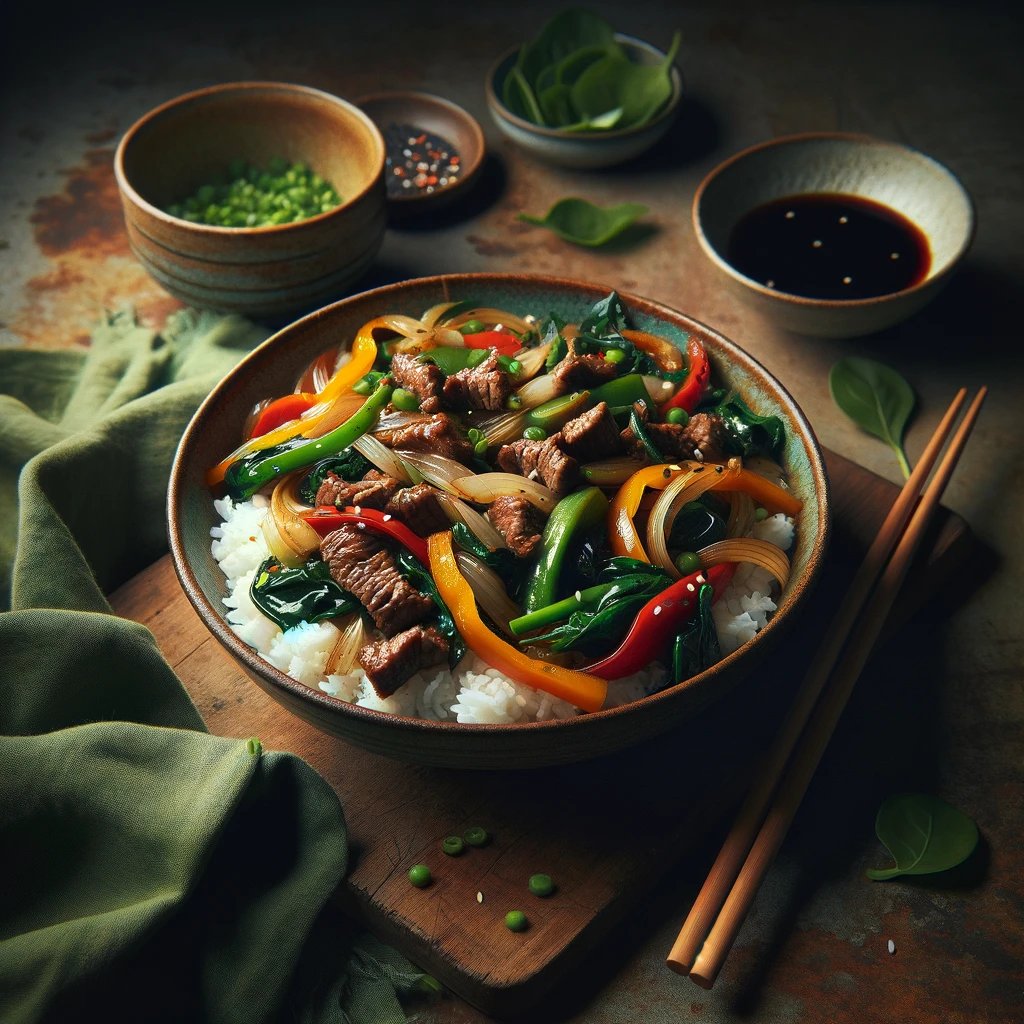 un bol de riz avec du boeuf et des legume le Bò Lúc Lắc"
