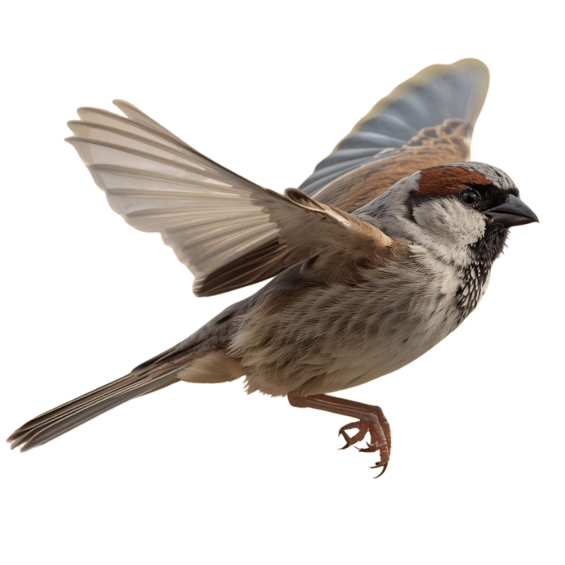 Sparrow flying with wings spread, representing growth and momentum