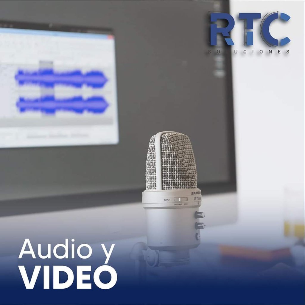 Micrófono frente a pantalla con forma de onda y texto “Audio y Video”.