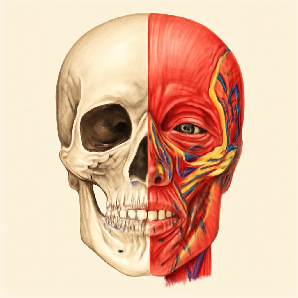 Kafa kemikleri ve yumuşak doku 3D görseli, Perplexity AI yapay zeka desteği ile hazırlandı.