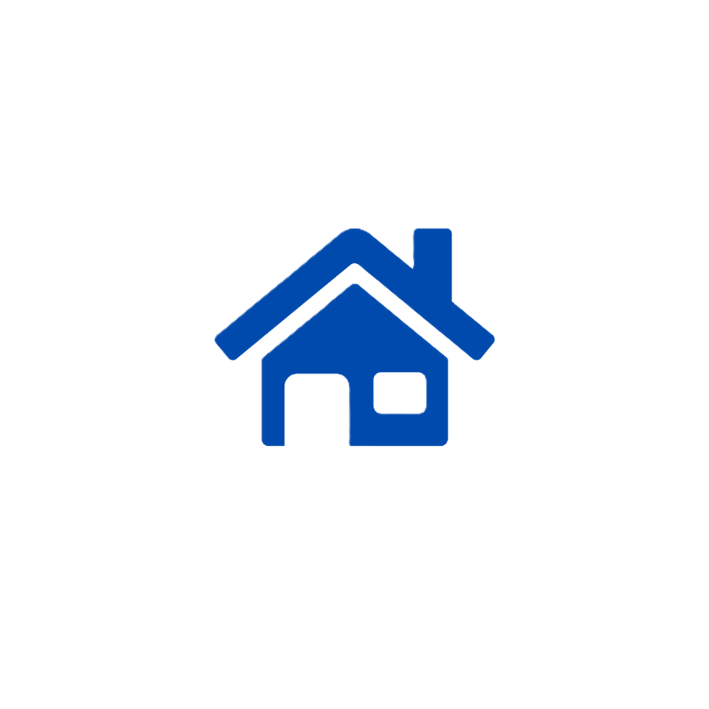 Blue home icon with chimney and window isolated on a black background.