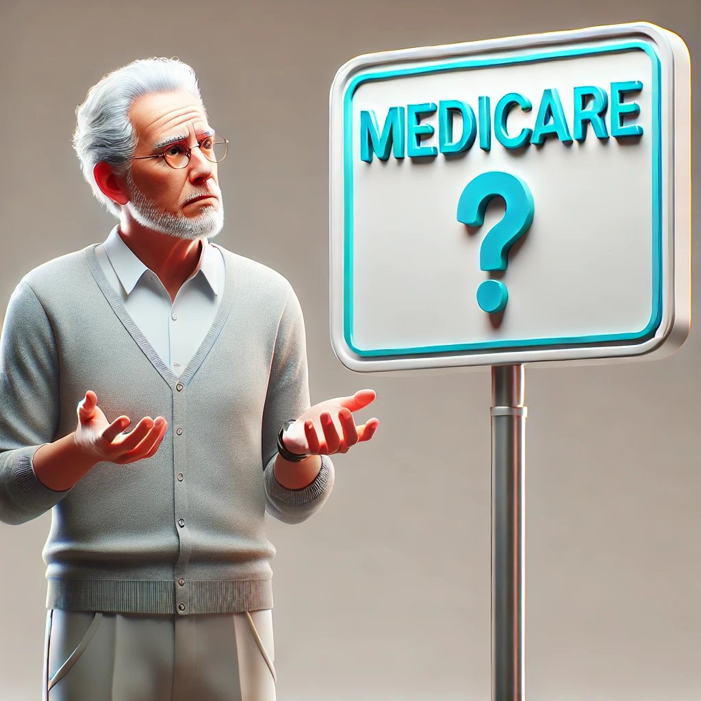 Older man looking at sign saying Medicare with a question mark.