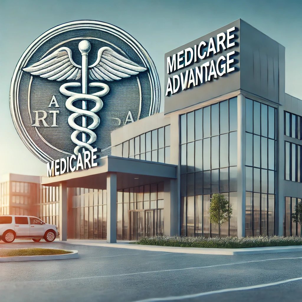 Image of hospital with sign saying Medicare Advantage.