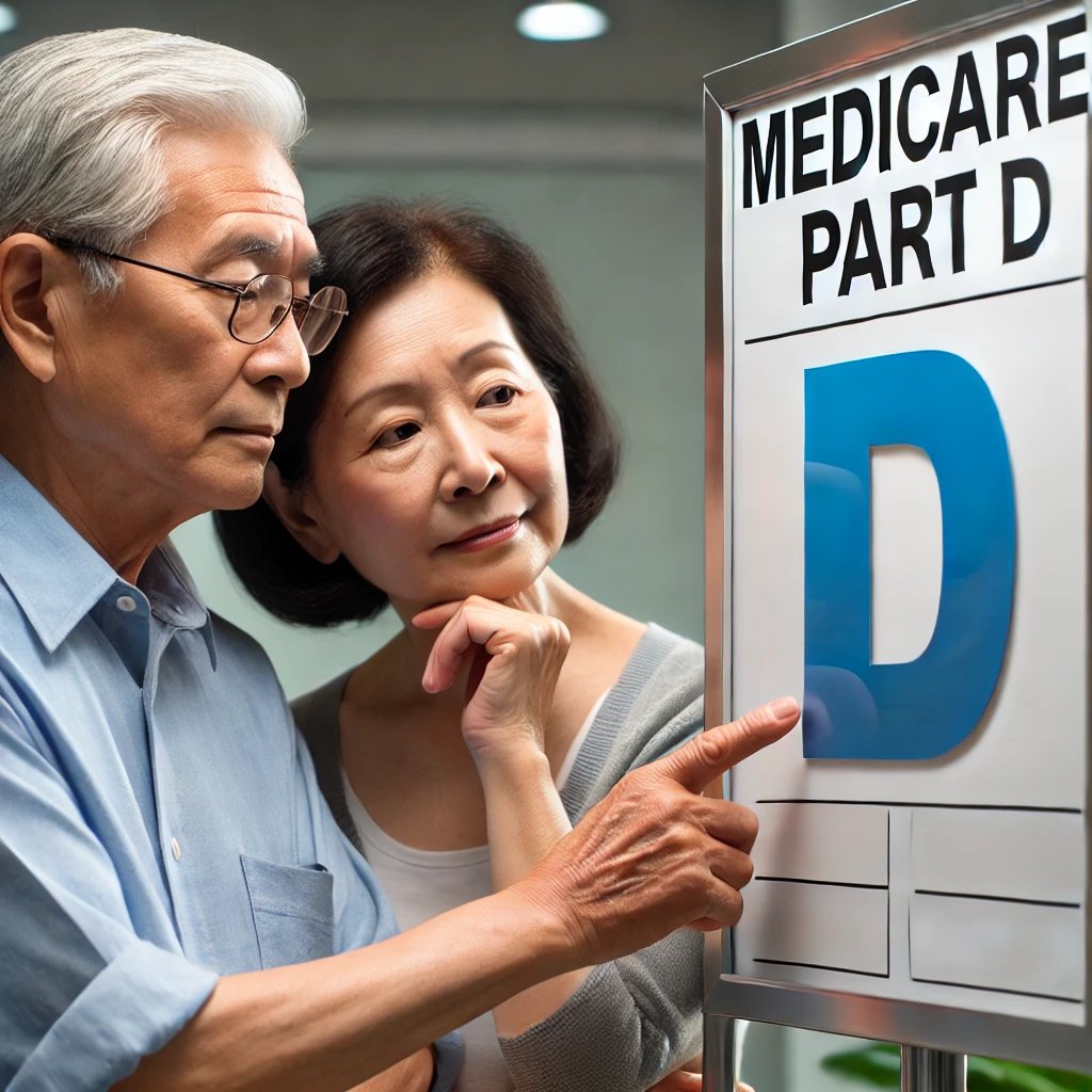 Older couple looking at sign saying Medicare part D.