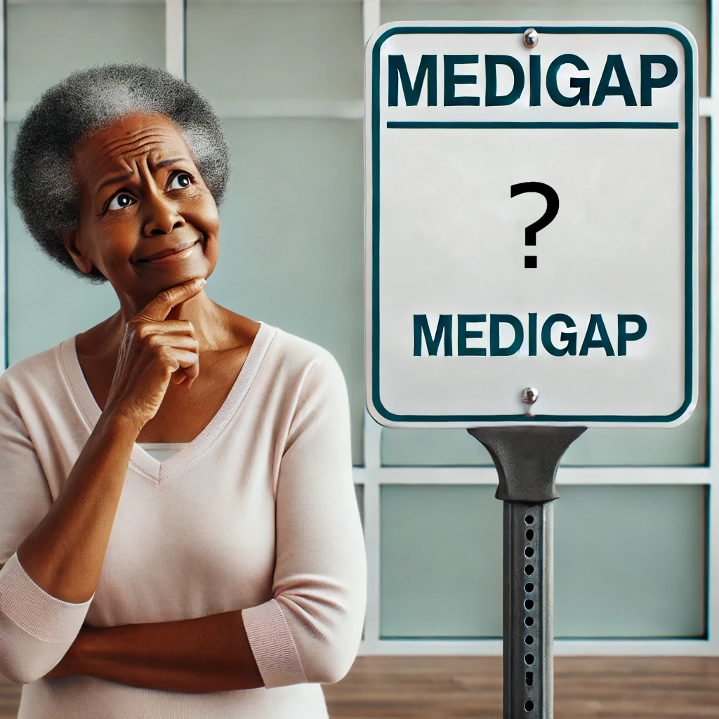 Older woman looking at sign saying Medigap with a question mark.