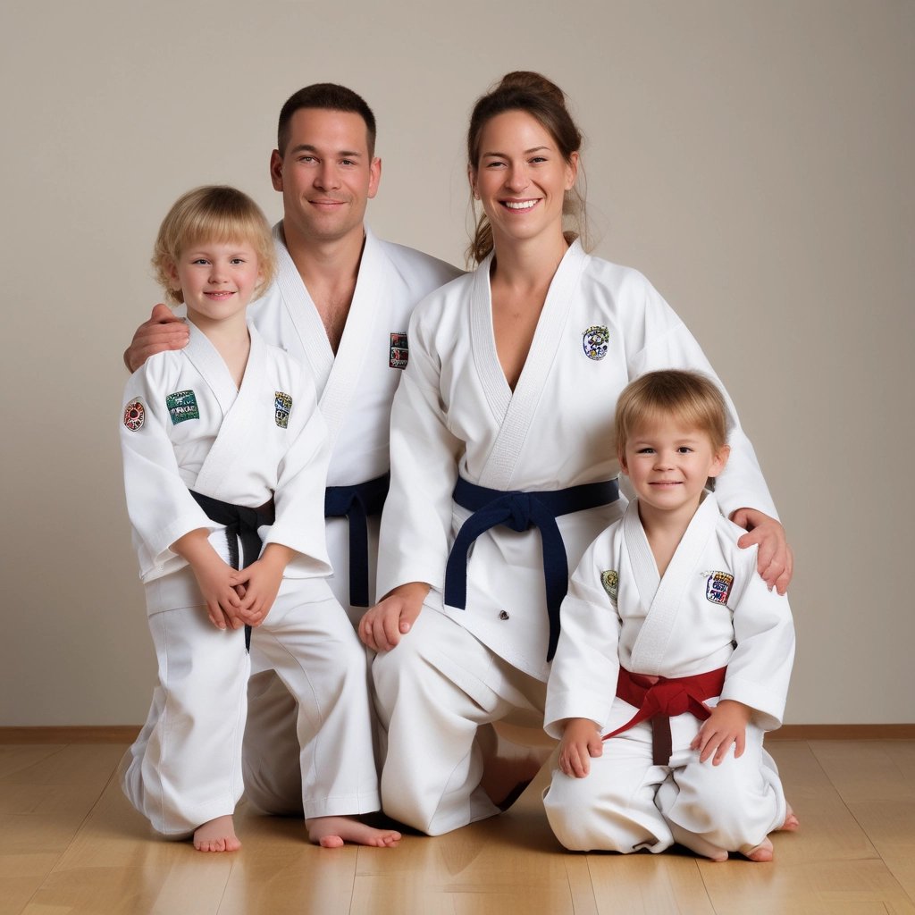 Young judoka practicing throws with a coach in a bright dojo.