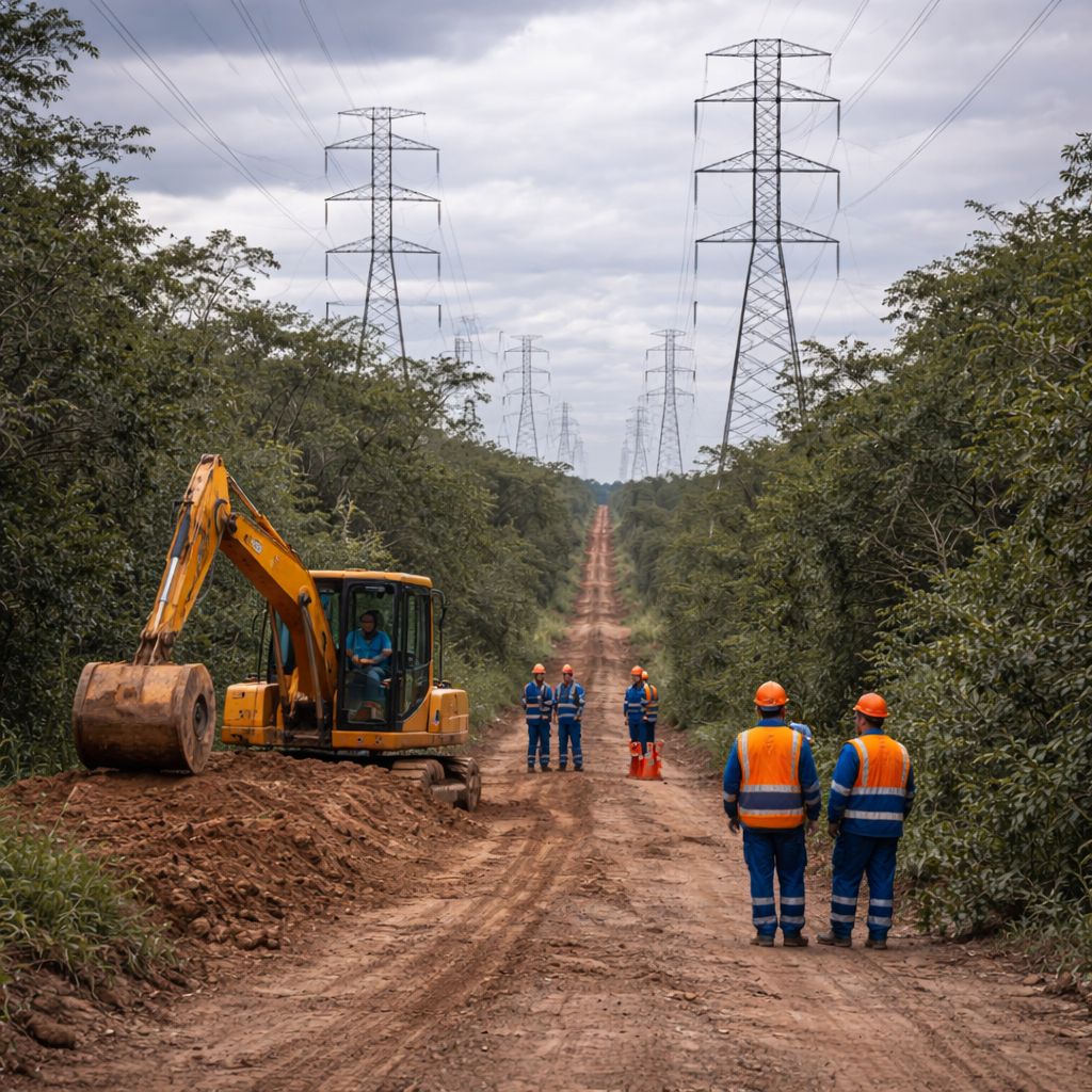 Obra em linha de transmissão com escavadeira e equipe em campo