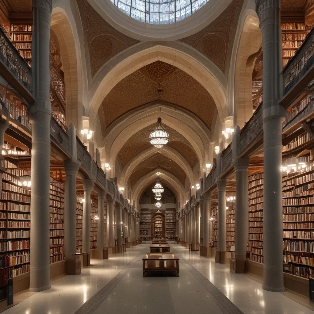 Two individuals are standing in front of two bookcases labeled 'Free Islamic Books.' The bookcases are filled with various books and pamphlets. The man is holding a book, and there is a carpet on the floor.