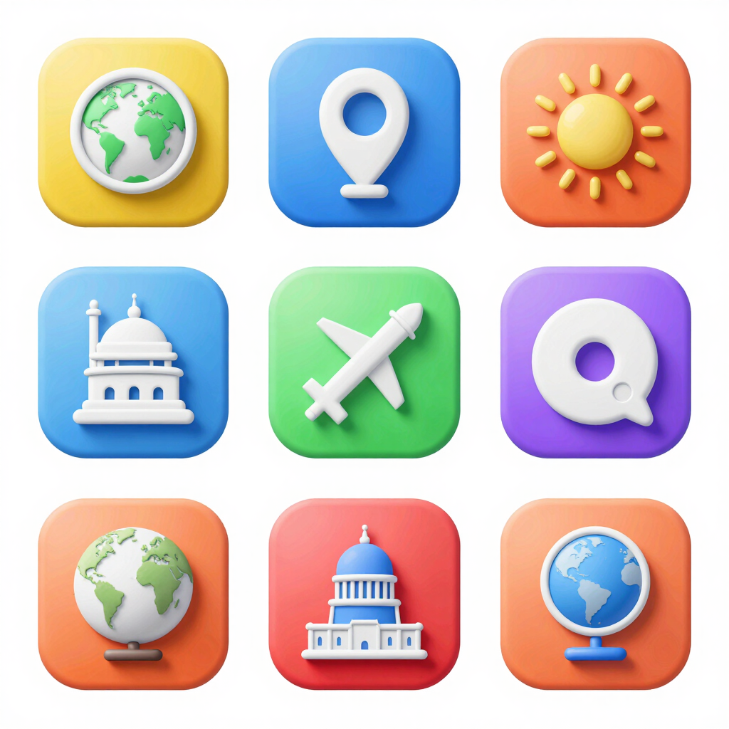 A travel agency is located in a multi-story building adorned with a large mural. The mural depicts a smiling woman's face with her hand raised as if waving. The building is surrounded by trees, and there is a sign indicating 'TRAVEL AGENCY' at the entrance. Several windows and architectural details are visible, as well as an entrance with a ramp and stairs.