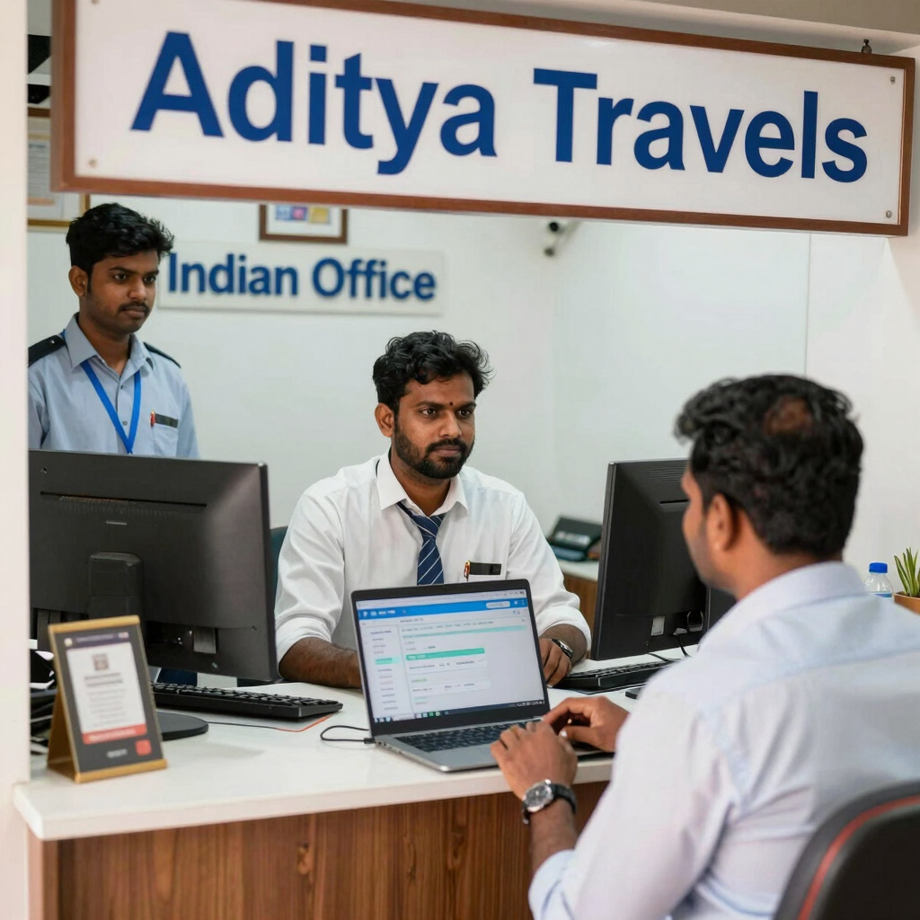 A group of travelers stand at an airport check-in counter, with visible signage for Singapore Airlines. They are waiting with their luggage, which includes suitcases and travel bags. One person is carrying a neck pillow, and another has a red trolley containing a QR code for payment. The area is well-lit, with check-in screens and information displayed overhead.