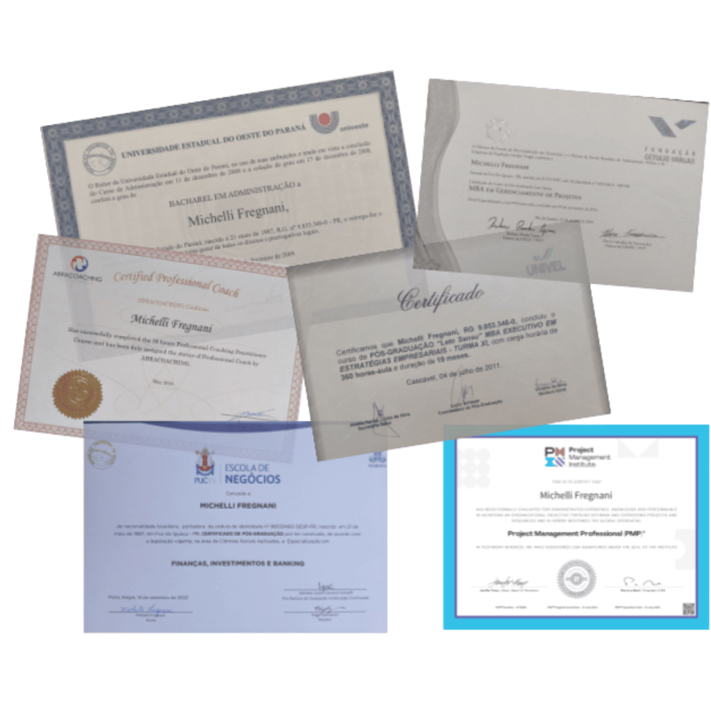 Seis diplomas e certificados que estão se sobrepondo entre eles.