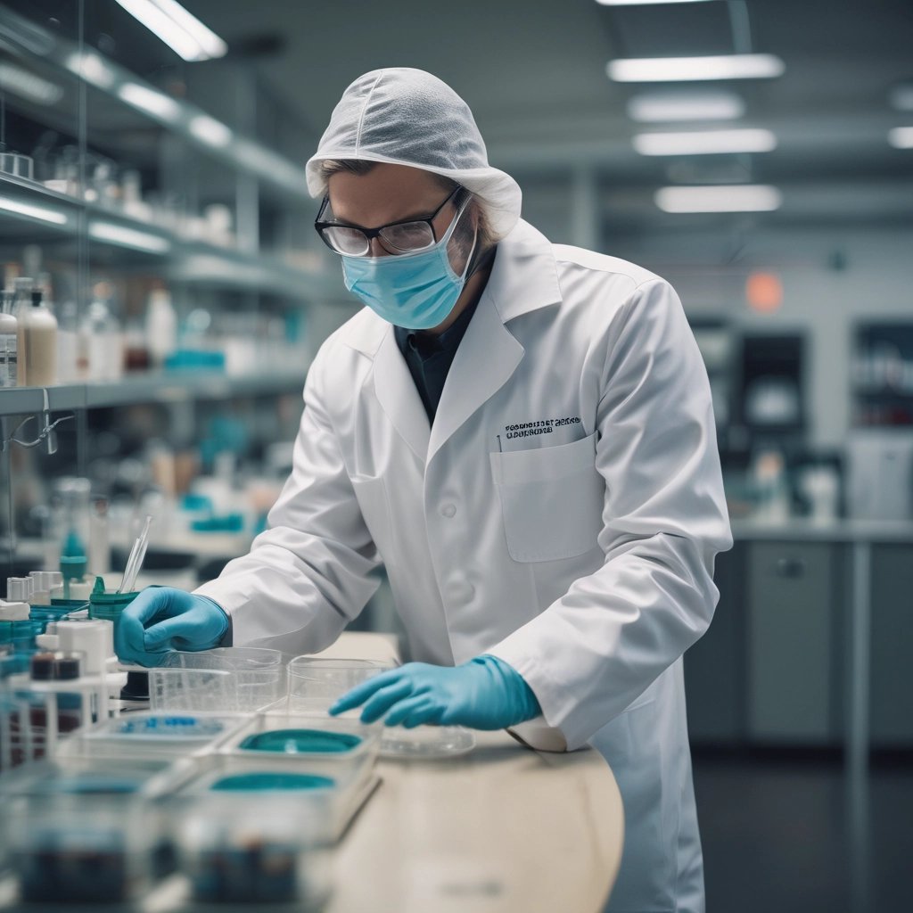 Analista dentro do laboratório manipulando exames