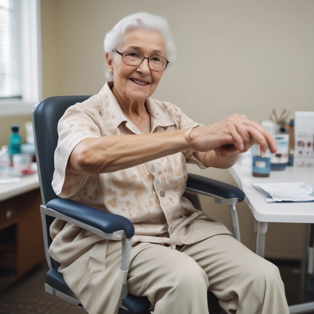 Idosa esperando a coleta de sangue