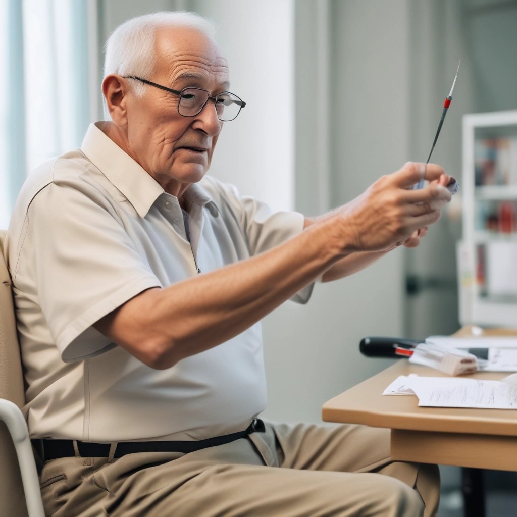 idoso sentado esperando a coleta de sangue