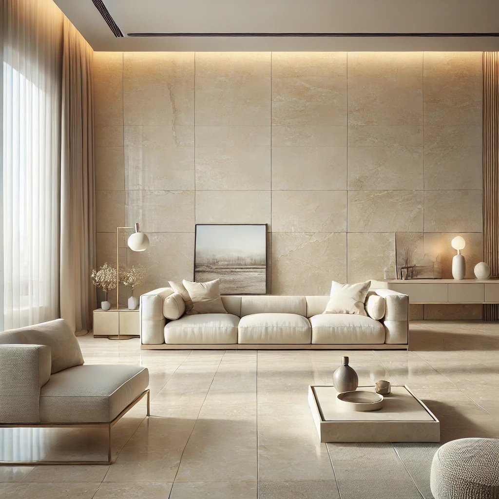 Travertine tiles on living room wall light ivory Bianco shade Italian natural stone