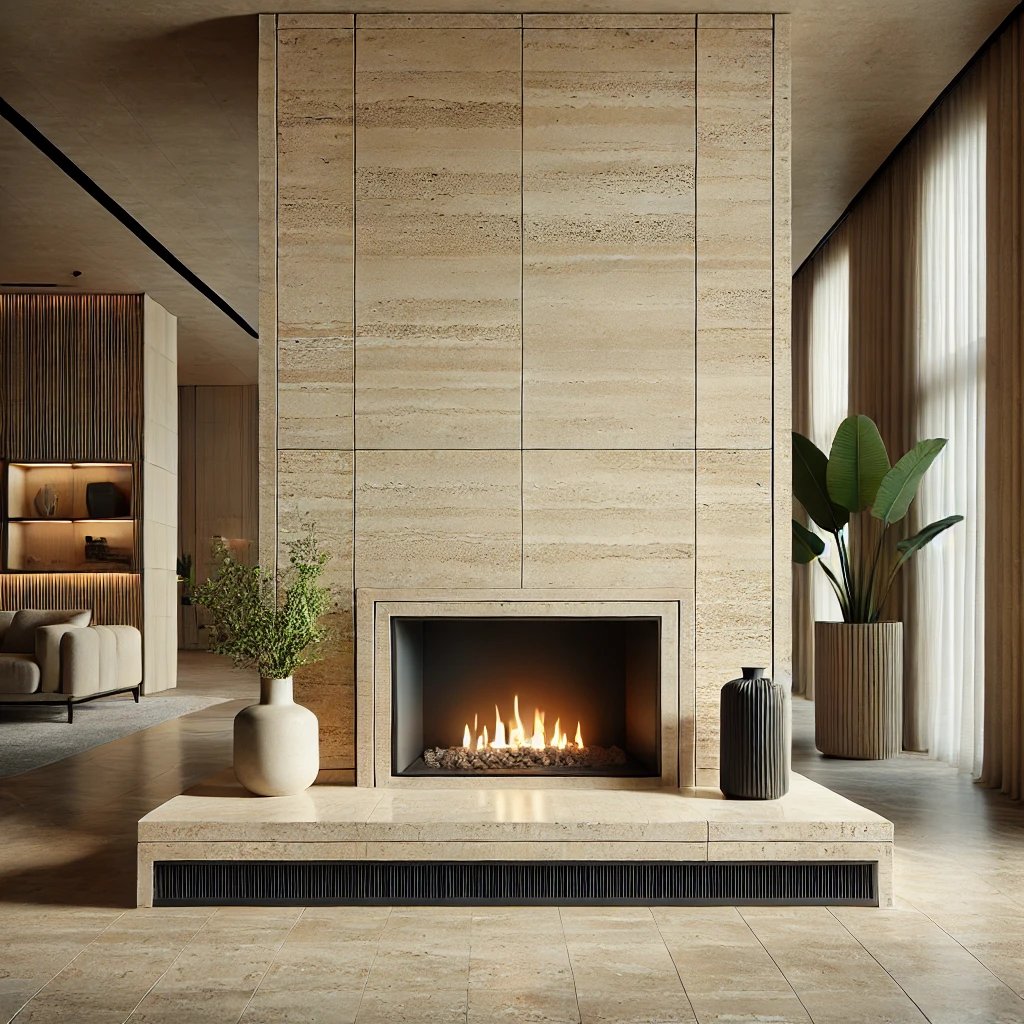 Travertine tiles for fireplace light classic brown, natural Italian stone