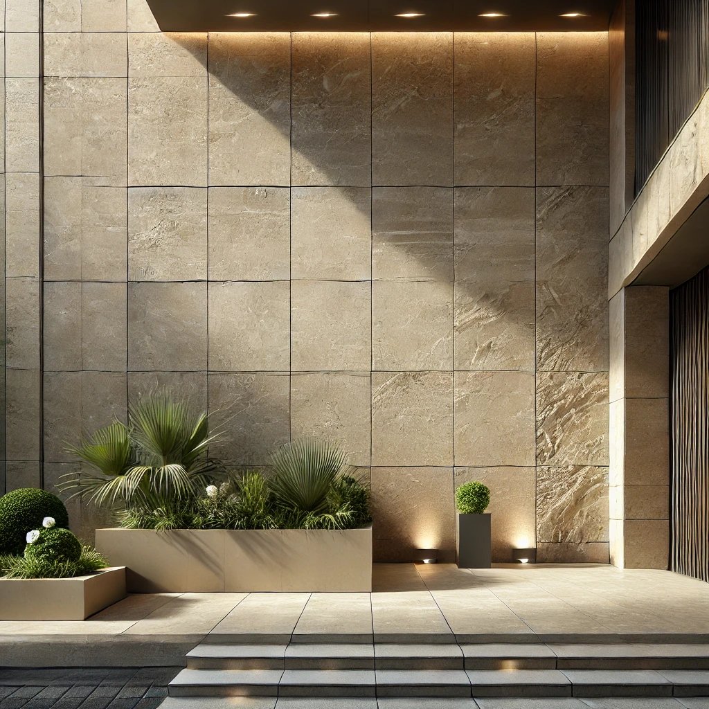 Trawertyn na ścianie jasny beżowy włoski kamień naturalny