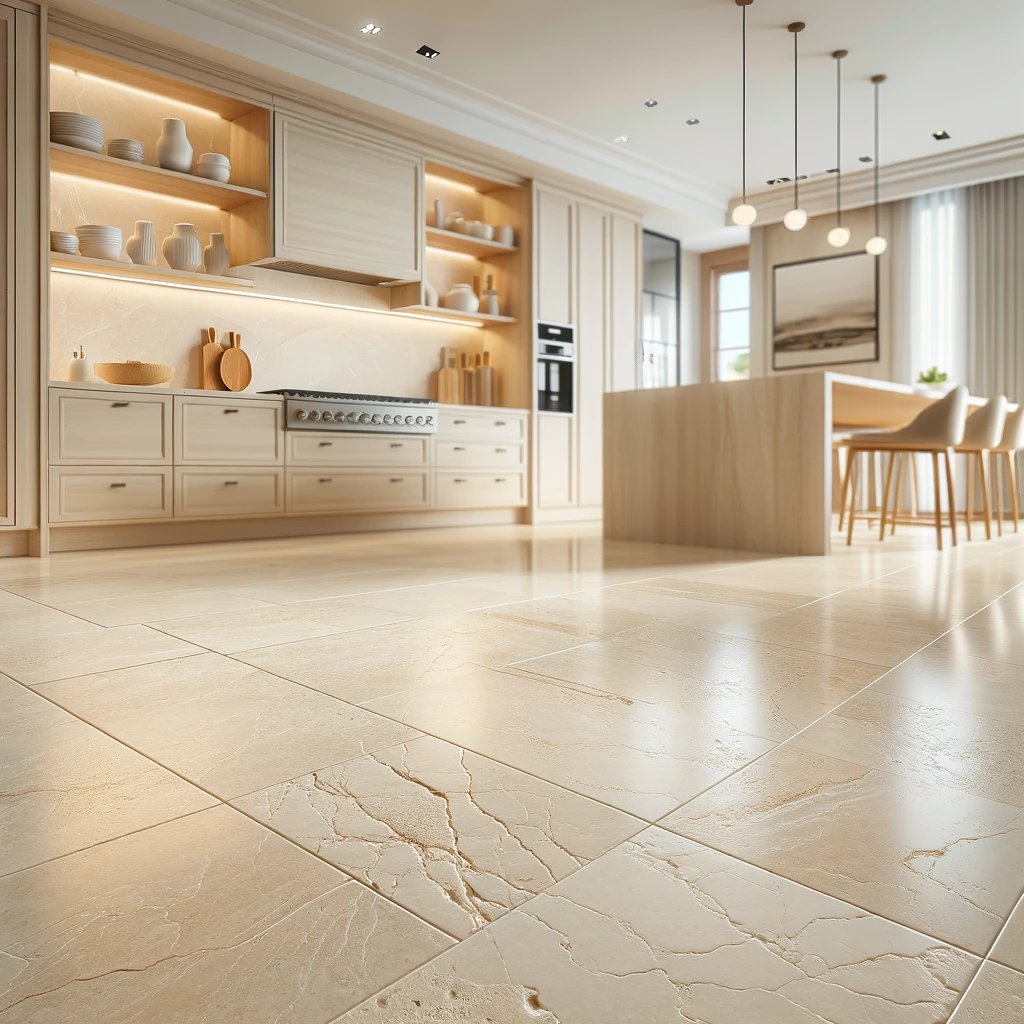 Travertine in the kitchen very light Bianco, ivory natural stone