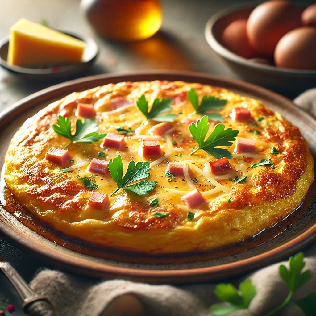 Deliciosa omelete dourada, recheada e servida quente, pronta para bater sua meta de proteína diária.