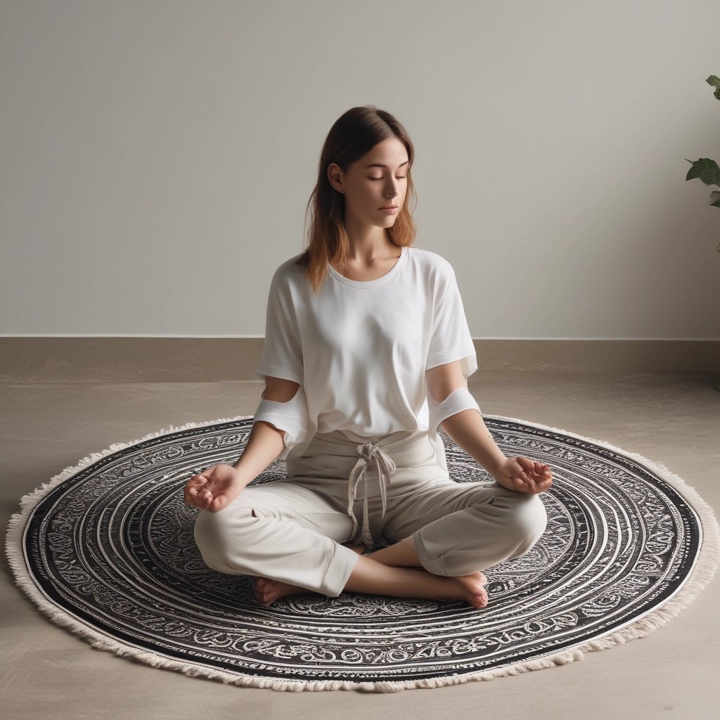 a woman sitting on a rug with a white shirt and a white shirt meditated