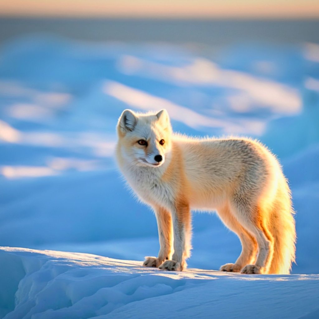 An Arctic fox with white fur standing on blue snow during a golden sunset.