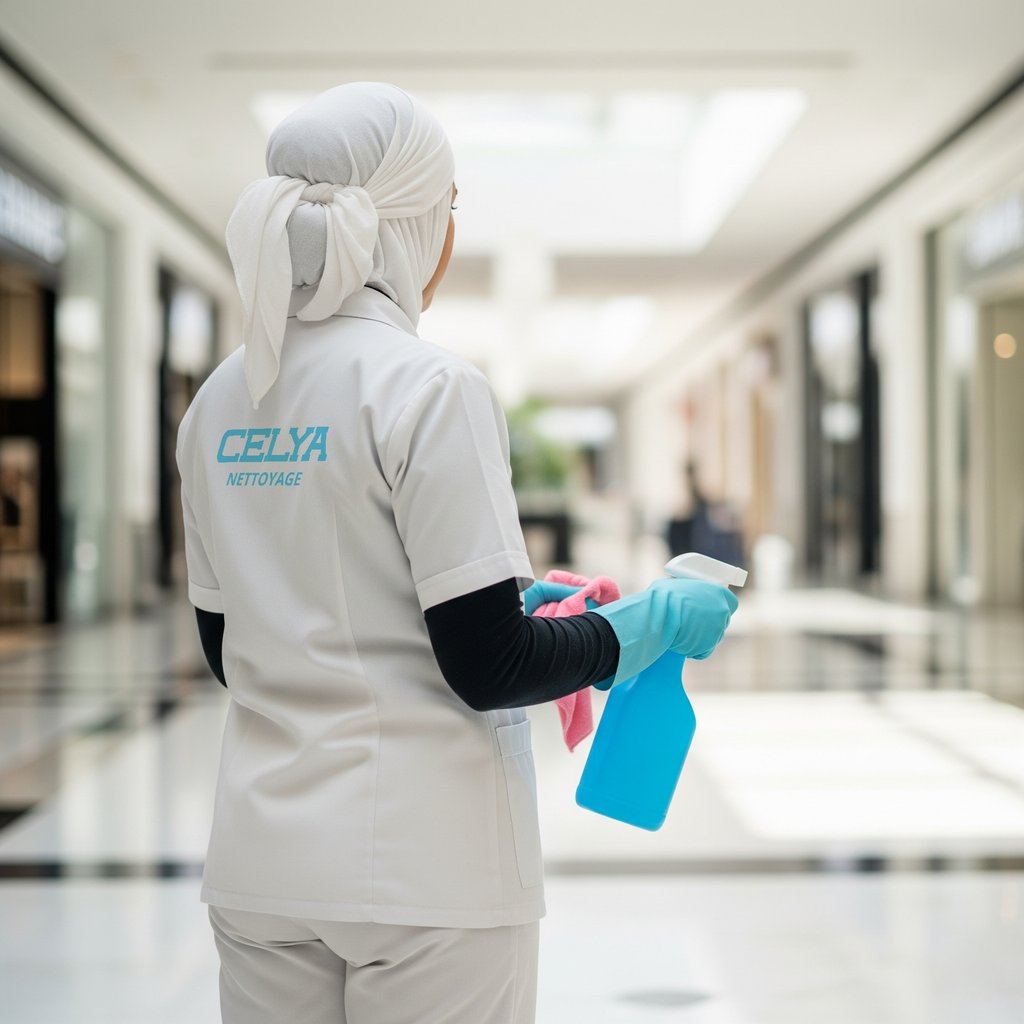 Agent de nettoyage en action, assurant la propreté des espaces commerciaux à Casablanca