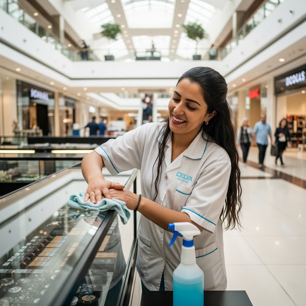 Agent de nettoyage effectuant le nettoyage dans un centre commercial moderne à Casablanca