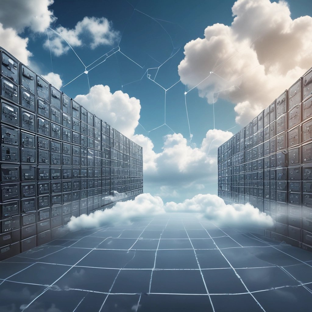 A digital rendering depicting a tall, metallic server rack positioned centrally on a platform. The server appears to have multiple blue-lit slots. Surrounding the rack, there are several stacks of cylindrical objects resembling databases or storage units, all set against a dark background.